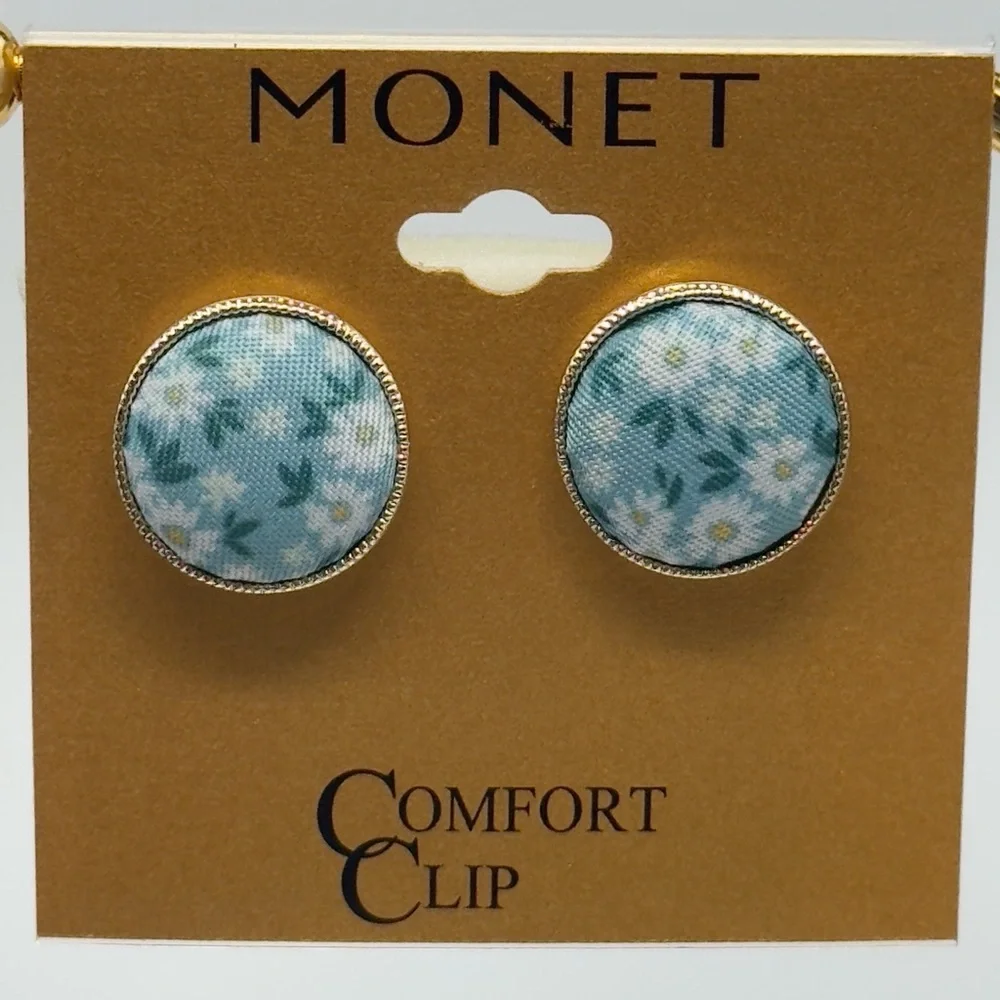 Monet Vintage Clip on Button Earrings Blue - Picture 3 of 5